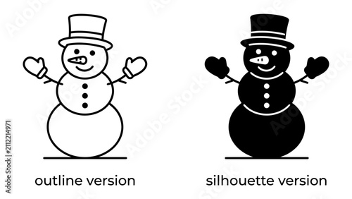 Snowman Outline and Silhouette: Two stylized snowman icons, one in outline and the other in solid black silhouette, represent winter's charm and festive spirit with simple, clean lines.
