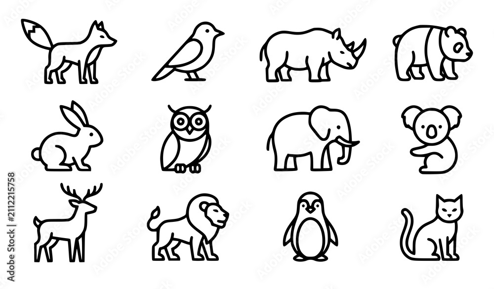 Fototapeta premium Black and White Animal Line Icon Set with Fox Panda Elephant Owl and Wildlife Vector Collection