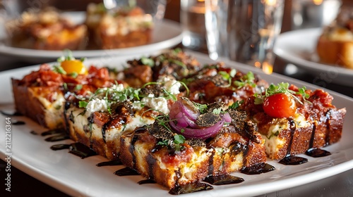 Detroit-style pizza variation with gourmet toppings like truffle, burrata, caramelized onions