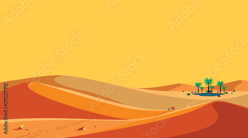 Obraz na płótnie Camel trekking past a desert oasis in this flat pixel landscape illustration design set under a bright sunny sky with wide angle view