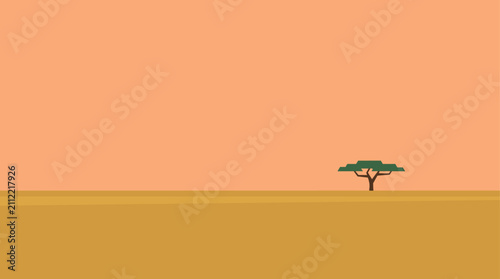 Photos Wide view pixel art illustration depicting a solitary acacia tree standing in the African savanna landscape at sunset in a flat design