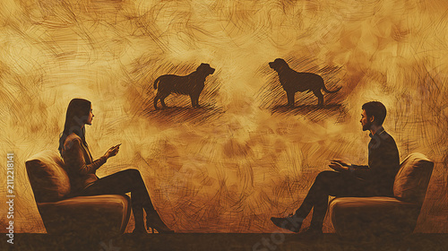 Couple Sitting in Chairs Discussing About Choosing Between Two Different Dog Breeds as Pets for Their Home