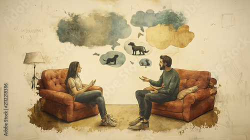 Couple Having a Serious Discussion About Choosing and Adopting a New Pet Dog While Sitting Together on Comfortable Armchairs