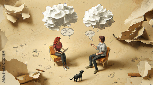 Conceptual Illustration of Two People Having a Professional Therapy Session with a Small Dog in a Creative Paper Craft Environment
