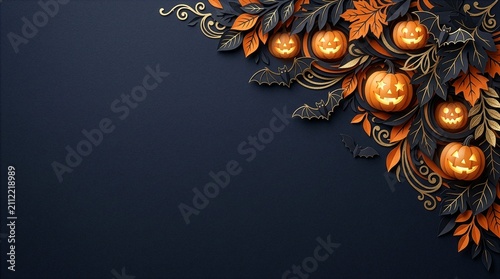 Luxury Halloween Background with Elegant Paper Cut Leaves and Pumpkins