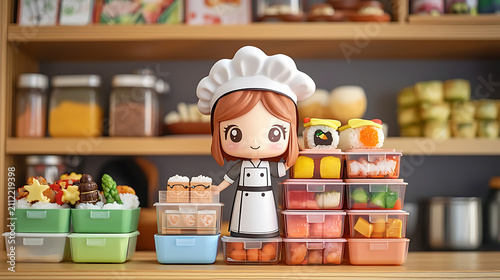 Cute Cartoon Chef Doll Preparing Healthy Food Containers on Kitchen Counter
