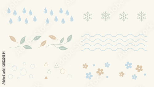 A flat vector pattern depicting raindrops snowflakes leaves waves circles triangles and floral ornaments raindrops precipitation snowflakes snow
