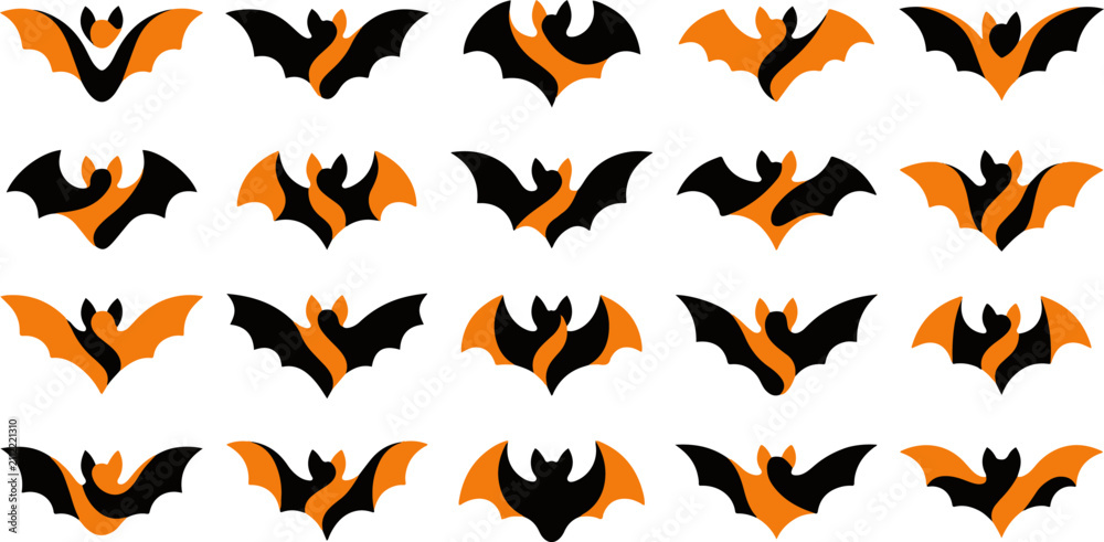 Fototapeta premium Collection of various black and orange bat illustrations isolated on white background for halloween holiday design projects
