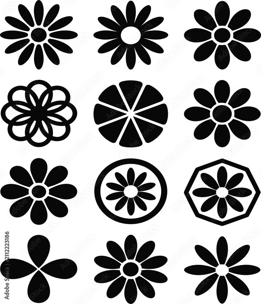 Fototapeta premium Minimalist Black and White Flower Icon Set with Geometric Floral Motifs and Abstract Daisy Symbols for Logos, Badges, and Creative Pattern Designs
