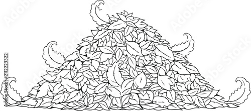 Black and white line art illustration of a large pile of fallen autumn leaves on the ground