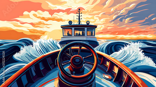 Dynamic Illustration of a Fishing Boat Navigating Through Rolling Ocean Waves at Sunset