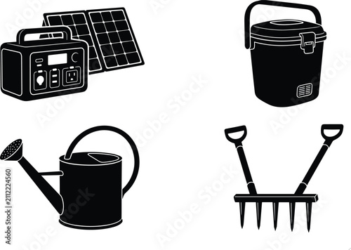 Fotografía Portable solar power station cooler watering can and aerator tool black vector i