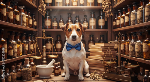 A dog wearing a bow tie sits among shelves of apothecary jars and antique scales, symbolizing knowledge, tradition, and meticulousness