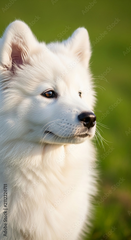 Fototapeta premium Close-up of a white fluffy dog's face, with soft fur and alert eyes, symbolizing companionship and loyalty, in a natural outdoor setting