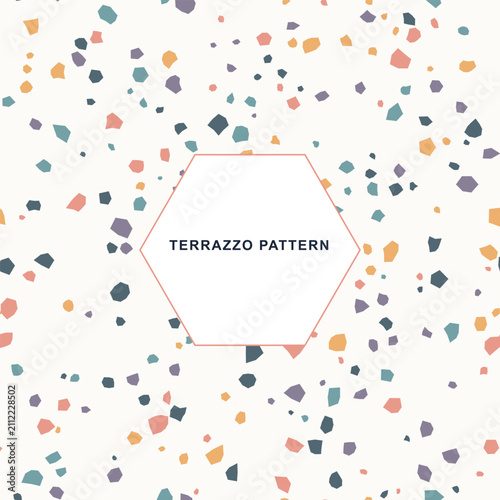 Seamless abstract terrazzo pattern background with colorful geometric fragments and hexagon frame, modern design for digital and print.