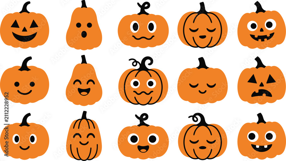 Obraz premium Collection of cute cartoon pumpkins with various funny faces for halloween celebration and autumn holiday season decoration