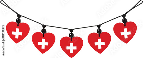 Hanging heart garland with Swiss flag cross cutout for national decoration.