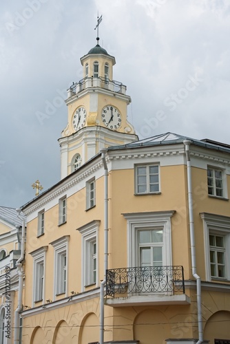 Vitebsk, Belarus, July 8, 2026. The town hall tower above an old house.                               