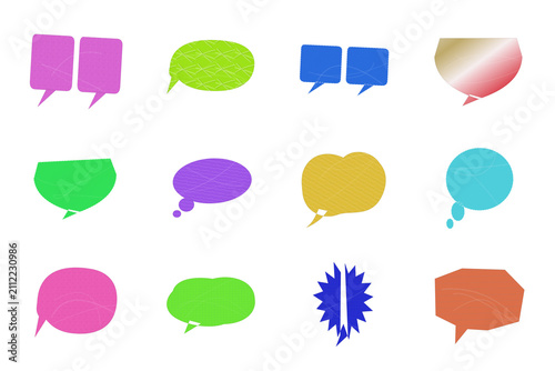 Colorful set of nine speech bubble conversation icons isolated on transparent background