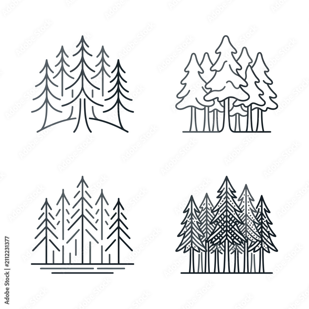 Fototapeta premium Various illustrations of pine trees in different styles, showcasing natural forest landscapes