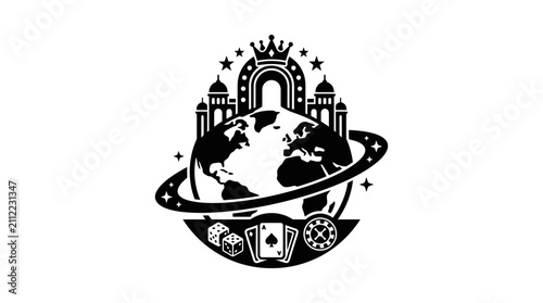 Global Casino Entertainment Logo with Earth, Crown, Dice, Cards, and Ring