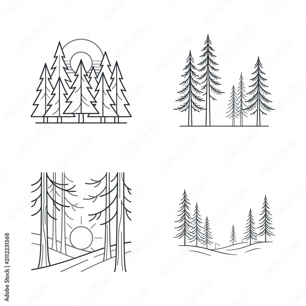 Fototapeta premium Serene forest landscape featuring tall pine trees and a setting sun in the background