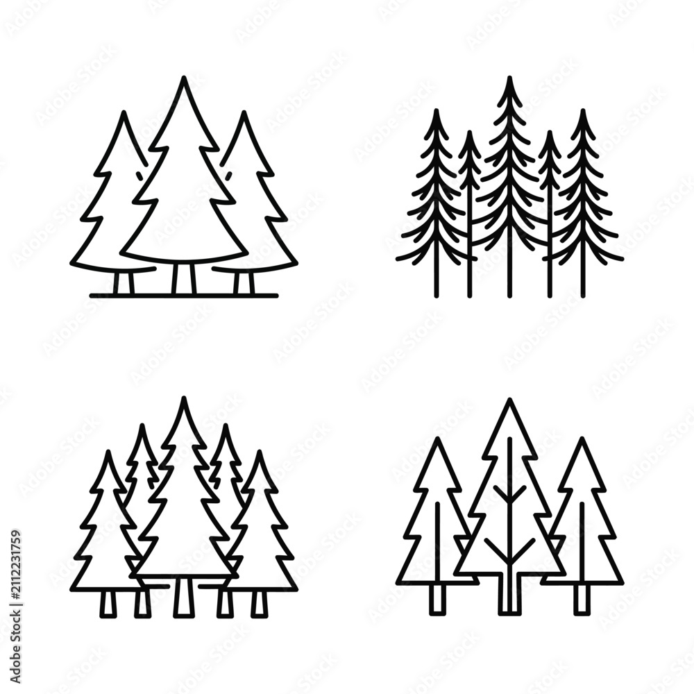 Obraz premium A collection of various pine tree illustrations showcasing different styles and arrangements