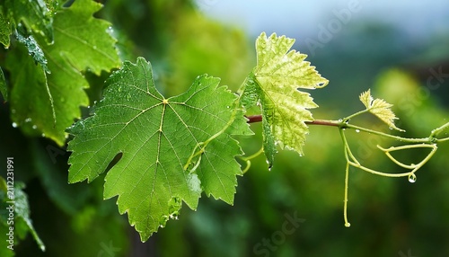 Wet Green Grape Leaves On Vine Close Up