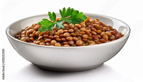 White Ceramic Bowl Of Brown Cooked Lentils With Parsley Isolated