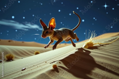 Fennec fox jumping over sand dunes under stars