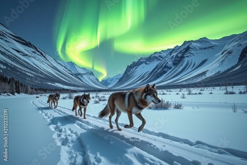 Four wolves move across snow with aurora overhead