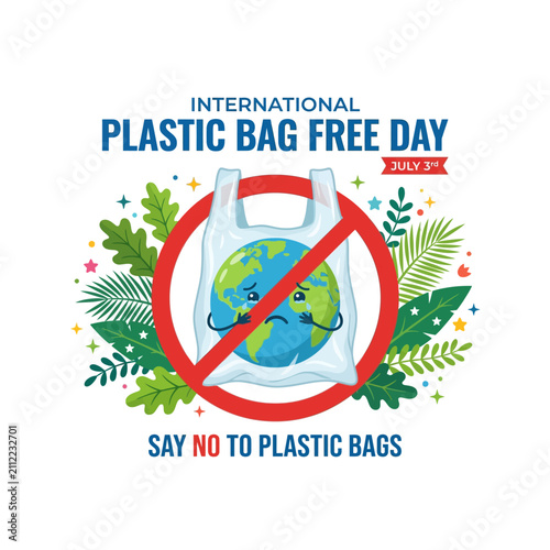 Принти на полотні International Plastic Bag Free Day concept with a sad planet earth trapped in a plastic bag