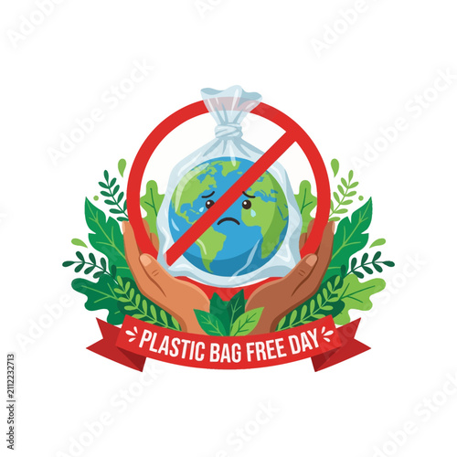 Fotografía International Plastic Bag Free Day illustration with sad earth trapped in a plastic bag