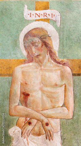 Assisi -  The medieval fresco of death Jesus  in church Chiesa di Santa Maria Maggiore by Tiberio d Assisi (1470–1524)