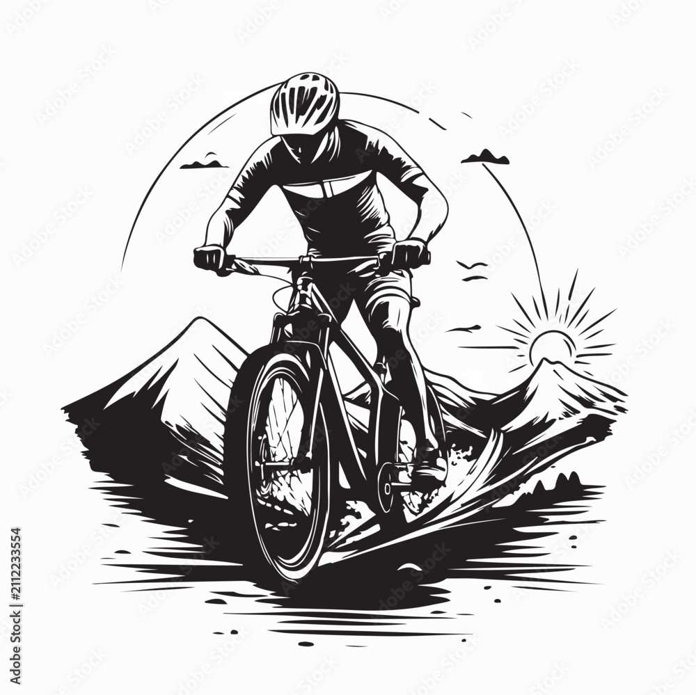 Obraz premium Cyclist Riding Bicycle In Mountains With Morning Sun Vector Illustration