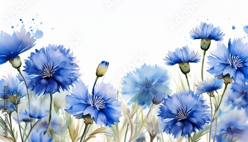 Border Of Blue Flowers Cornflowers Watercolour On A Transparent Background