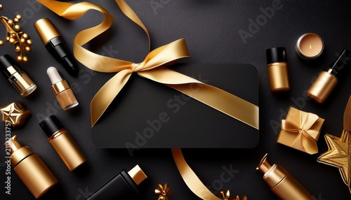 Luxury Black Gift Card With Elegant Golden Ribbon And Beauty Products Background