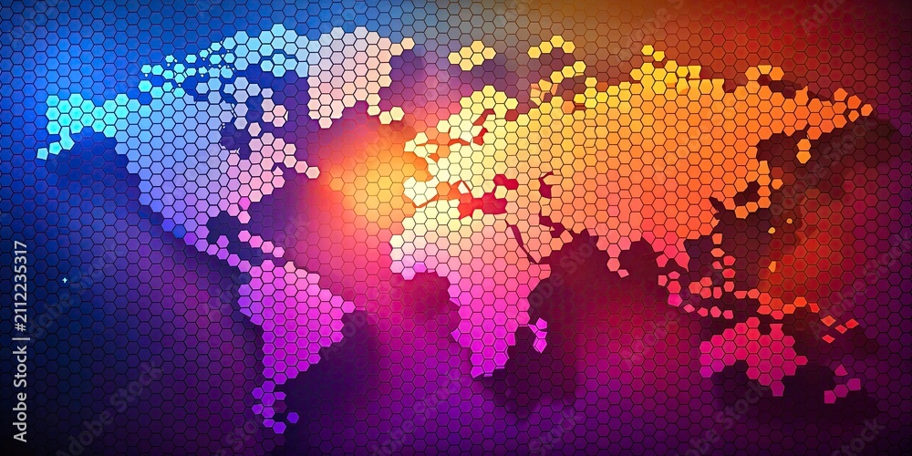Fototapeta premium Abstract world map featuring smooth color gradient from warm orange to cool teal representing global connectivity and diversity.