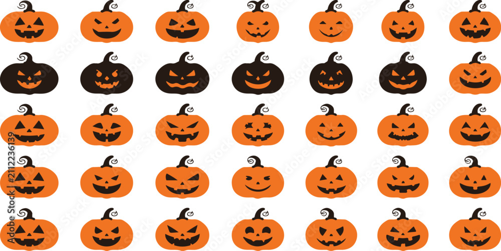 Fototapeta premium Halloween Pumpkin Seamless Pattern with Cute and Scary Jack O Lantern Faces Cartoon Vector Illustration for Autumn Holiday October Celebration Spooky Background Design.