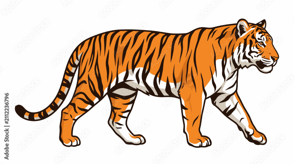 Obraz premium Illustration of a majestic orange and black striped tiger walking in profile.