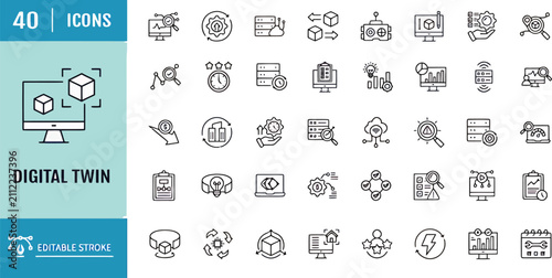 Foto Digital twin line icon set editable stroke virtual replica simulation model vect