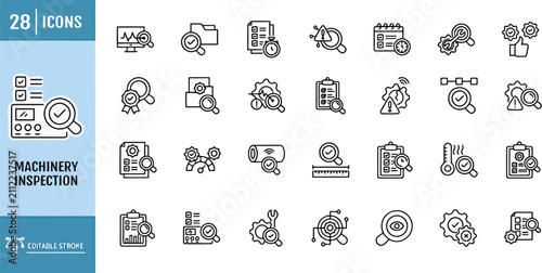 Machinery inspection line icon set editable stroke industrial quality control maintenance vector symbols
