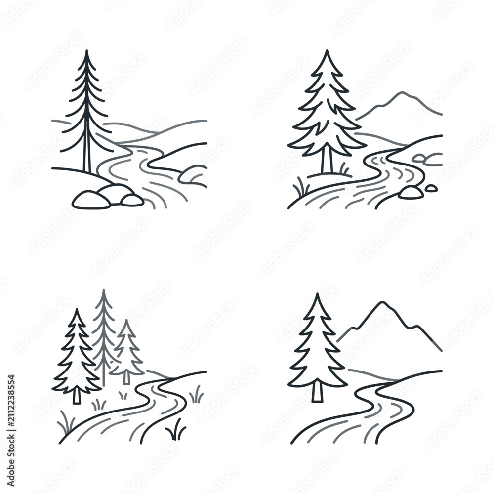 Fototapeta premium Scenic illustration of a tranquil river winding through a forested landscape with mountains