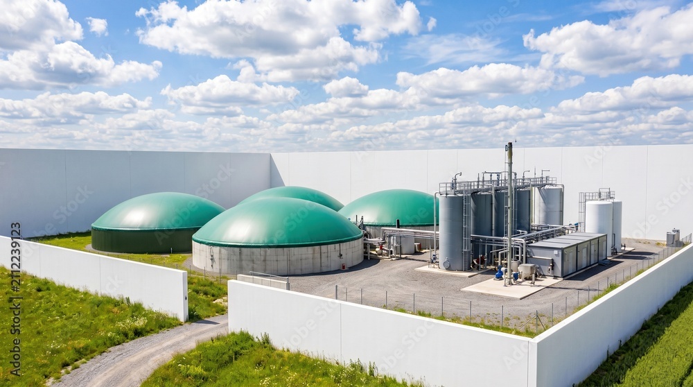 Fototapeta premium Modern biogas plant facility with large fermentation domes for renewable energy production, sustainable power infrastructure.