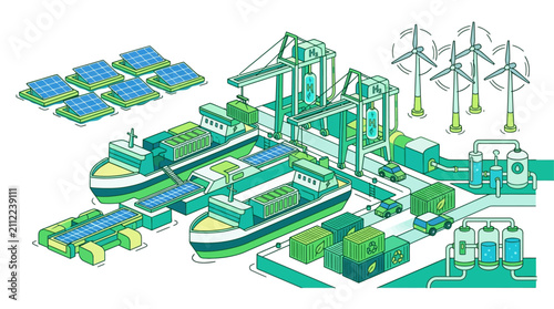 Sustainable green port vector, eco-friendly shipping terminal with wind turbines