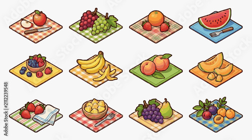 Assorted Colorful Fruit Illustrations on Checkered and Textured Surfaces
