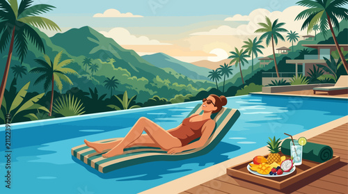 Tropical resort pool vector, woman relaxing at luxury villa, summer vacation