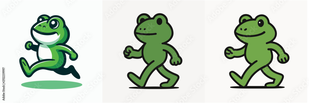 Fototapeta premium Cute Cartoon Frog Character Collection Set with Walking and Running Poses Vector Illustration