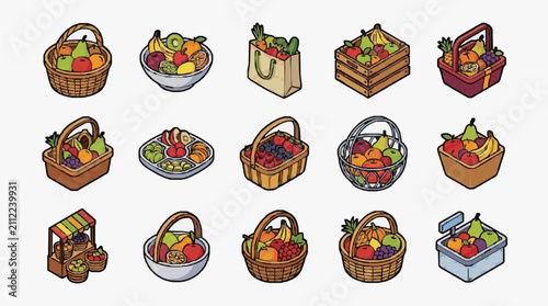 Assorted Fruit Baskets and Bowls Illustration