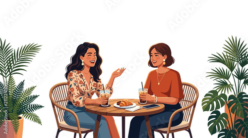 Modern women friends at cafe, female friendship lifestyle vector illustration
